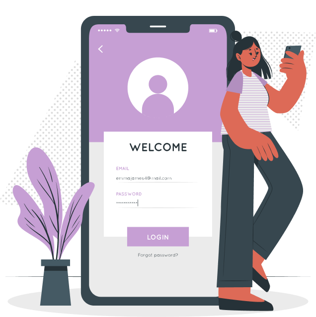 ilustração de uma tela de login de um aplicativo móvel com uma mulher segurando o celular ao lado