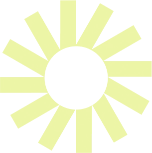 Gráfico estilizado de um sol amarelo com um centro circular e raios retangulares radiantes sobre um fundo transparente, usado como elemento decorativo para criar uma atmosfera animada e energética